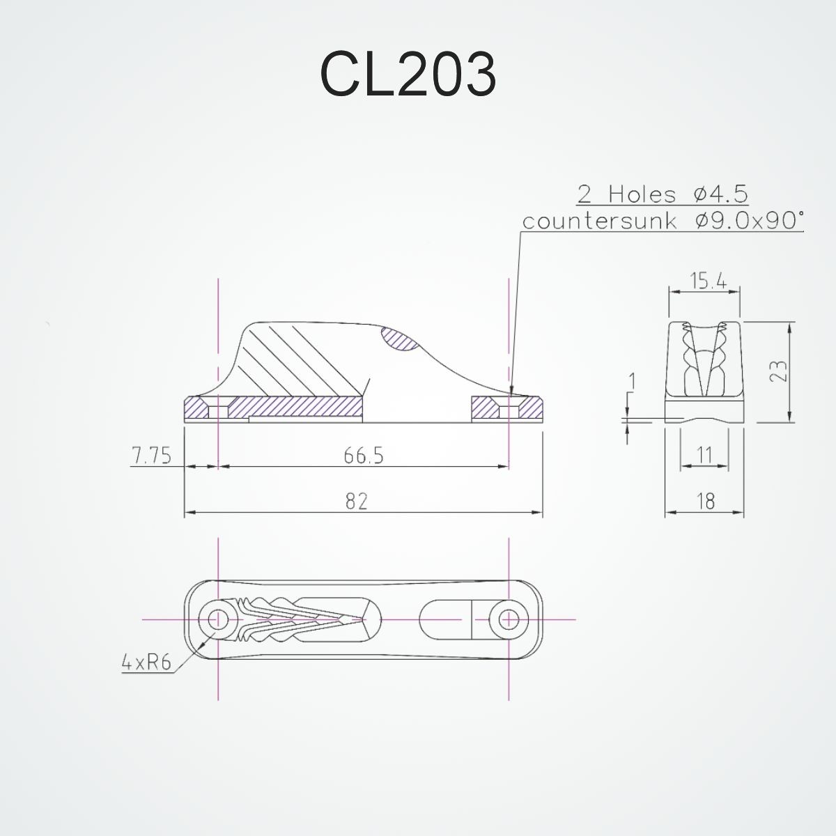 CL203 Clamcleat Open 3-6mm drawing