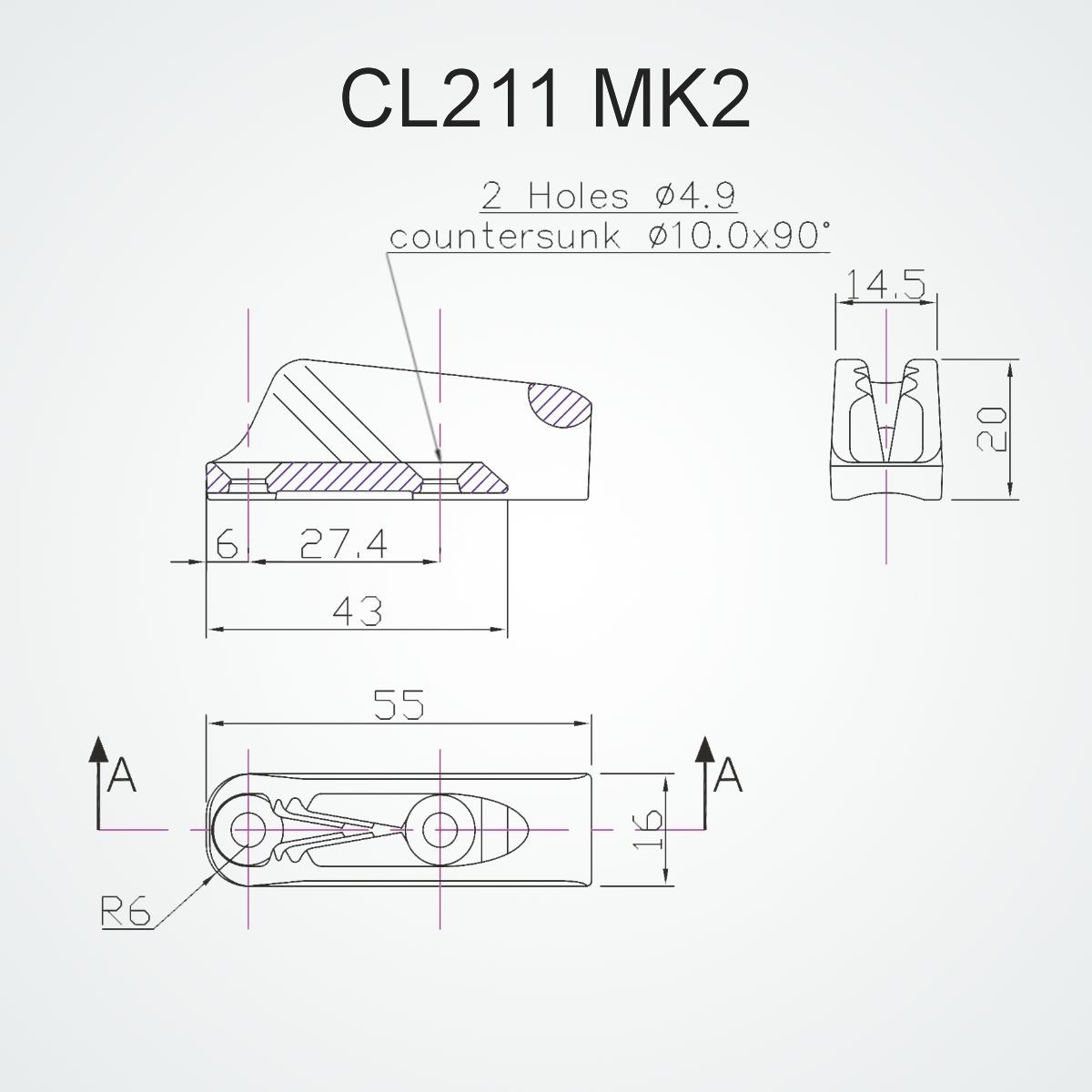 CL211MK2 Clamcleat with Fair Lead 3-6mm drawing