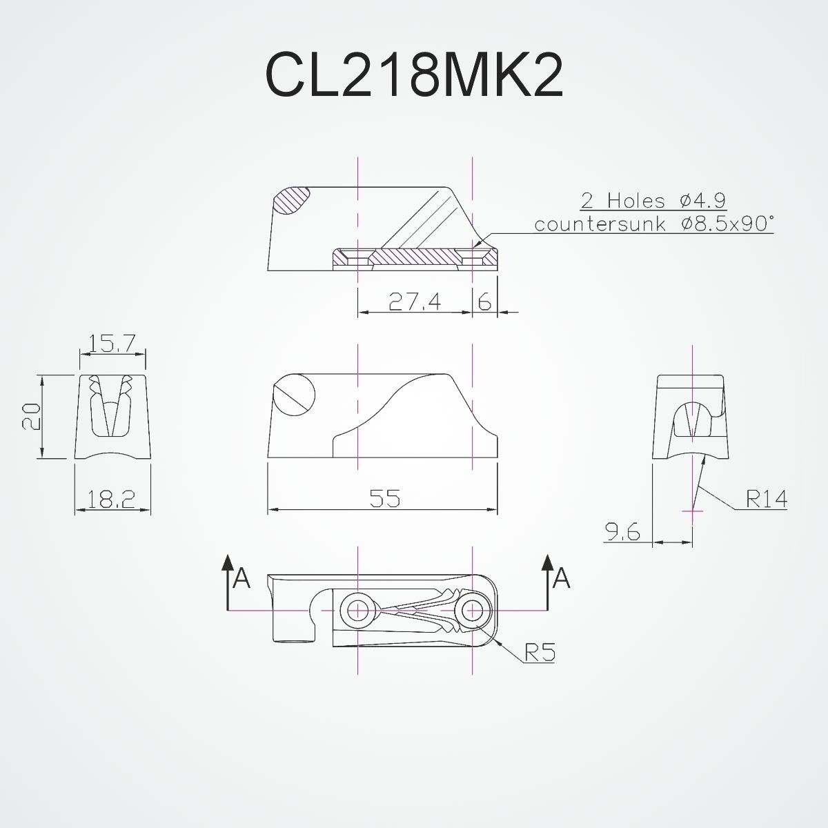 CL217MK2 Clamcleat Side-Entry Starboard 4-6mm drawing